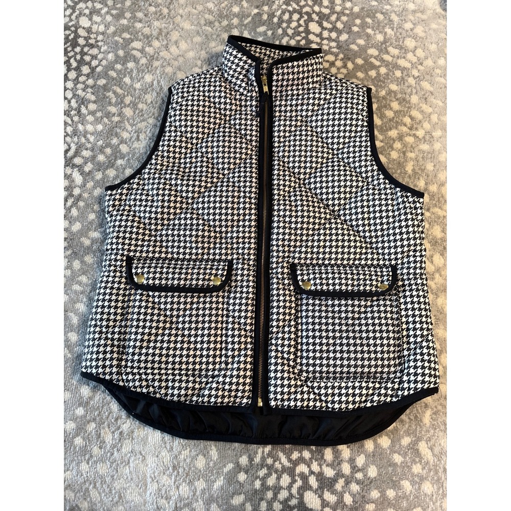 J.Crew Women Black White Houndstooth Quilted Excursion Vest Large Full Zip Gold